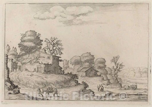 Art Print : Ercole Bazicaluva, Rustic Landscape with Peasants and Horses, 1638 - Vintage Wall Art