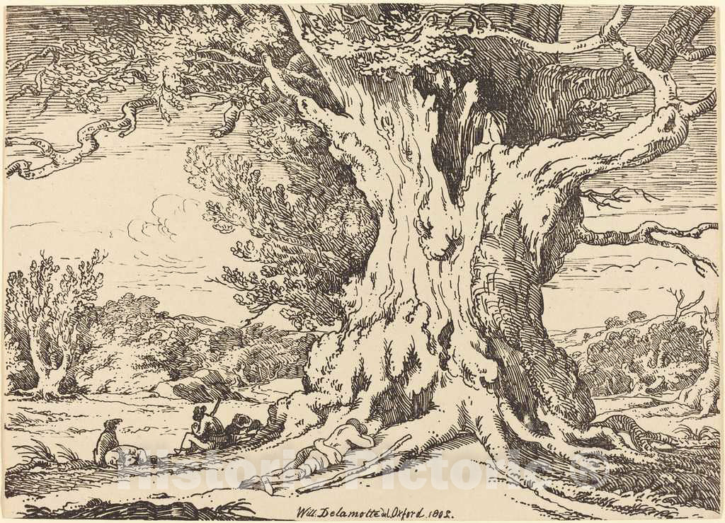Art Print : William Alfred Delamotte, Resting, Men and Dogs Under a Big Tree, 1802 - Vintage Wall Art