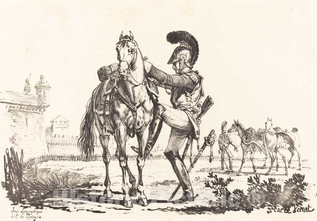 Art Print : Carle Vernet, Carabinier Mounting a Horse - Vintage Wall Art