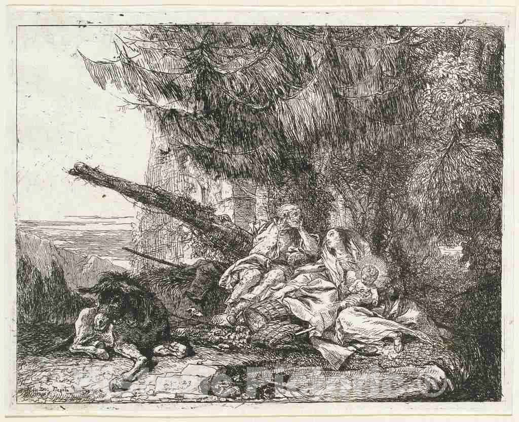 Art Print : Giovanni Domenico Tiepolo, The Rest on The Flight, with Holy Family Under a Tree, 1753 - Vintage Wall Art