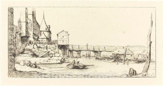 Art Print : Meryon After Stefano Della Bella, Footbridge Temporarily Replacing The Pont-au-Change, Paris, After The Fire of 1621, 1860 - Vintage Wall Art