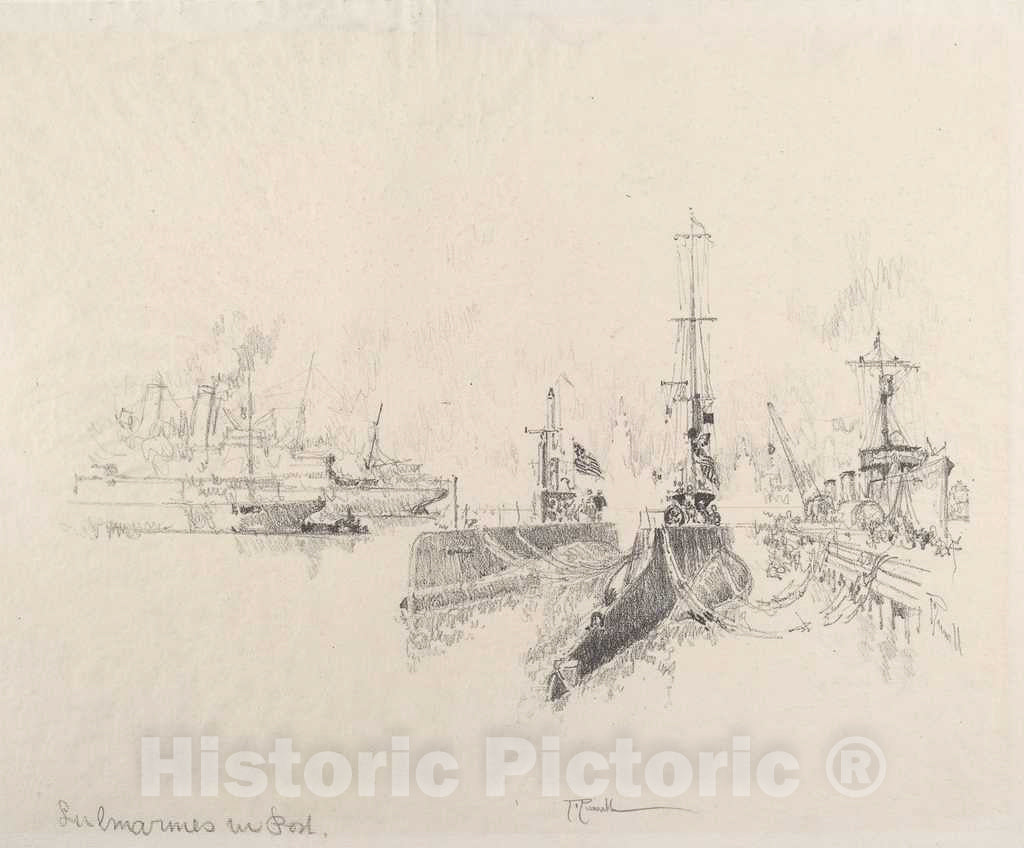 Art Print : Joseph Pennell, Submarines in Port, 1917 - Vintage Wall Art