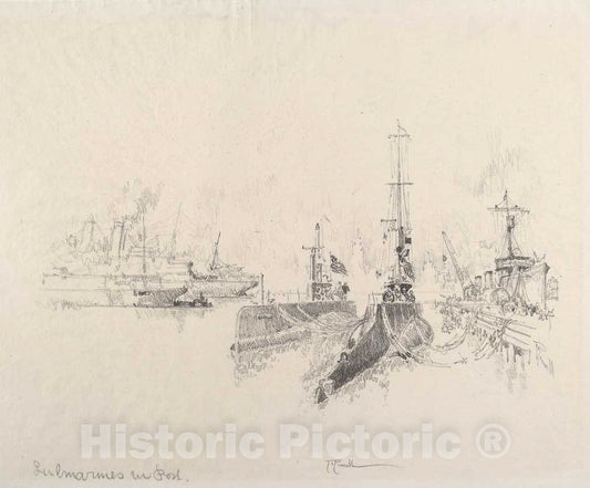 Art Print : Joseph Pennell, Submarines in Port, 1917 - Vintage Wall Art