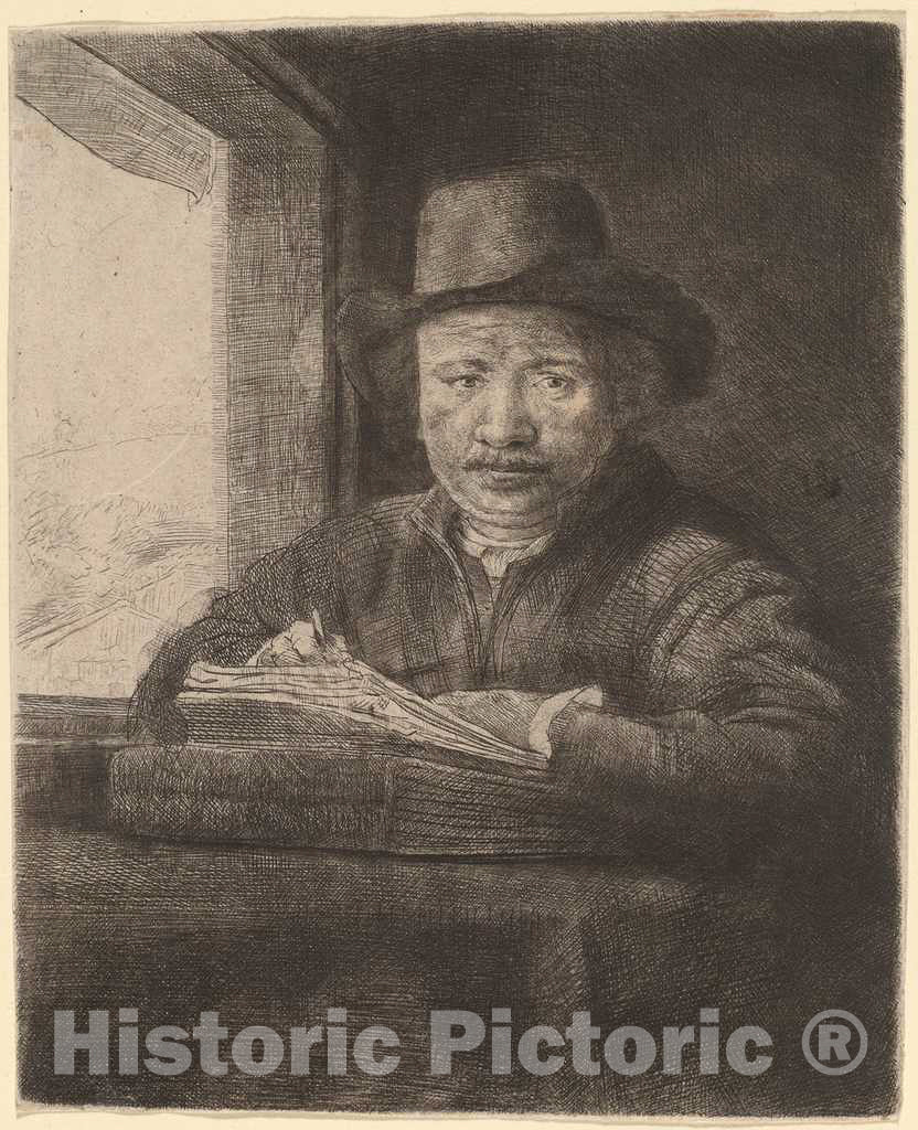 Art Print : Rembrandt, Self-Portrait Drawing at a Window, 1648 - Vintage Wall Art