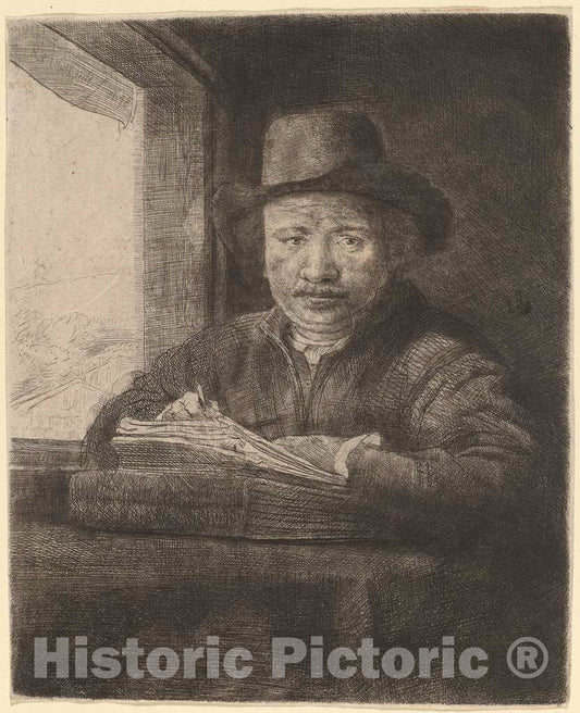 Art Print : Rembrandt, Self-Portrait Drawing at a Window, 1648 - Vintage Wall Art
