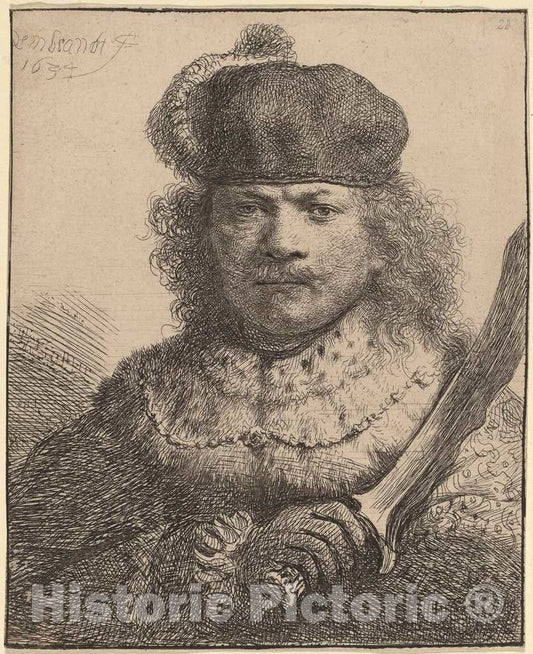Art Print : Rembrandt, Self-Portrait with Raised Sabre, 1634 - Vintage Wall Art