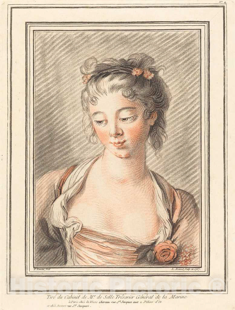 Art Print : Bonnet After Boucher, Bust of a Young Woman Looking Down, 1773 or Later - Vintage Wall Art