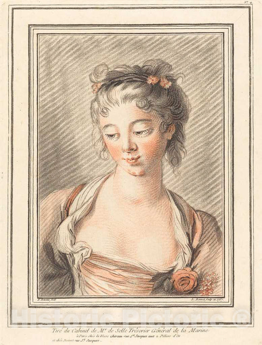 Art Print : Bonnet After Boucher, Bust of a Young Woman Looking Down, 1773 or Later - Vintage Wall Art