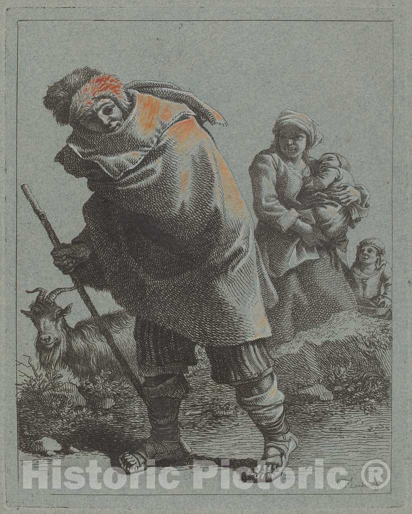 Art Print : Francesco Londonio, Shepherd with Walking Stick and a Peasant Woman with Child, c.1759 - Vintage Wall Art