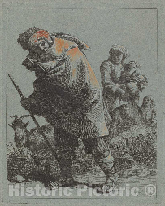 Art Print : Francesco Londonio, Shepherd with Walking Stick and a Peasant Woman with Child, c.1759 - Vintage Wall Art