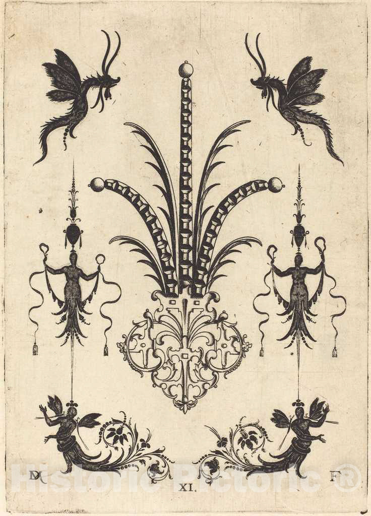 Art Print : Daniel Mignot, Brooch with Table-Stones, Winged Animals at Top, and Winged Human Beings at Bottom, 1596 - Vintage Wall Art