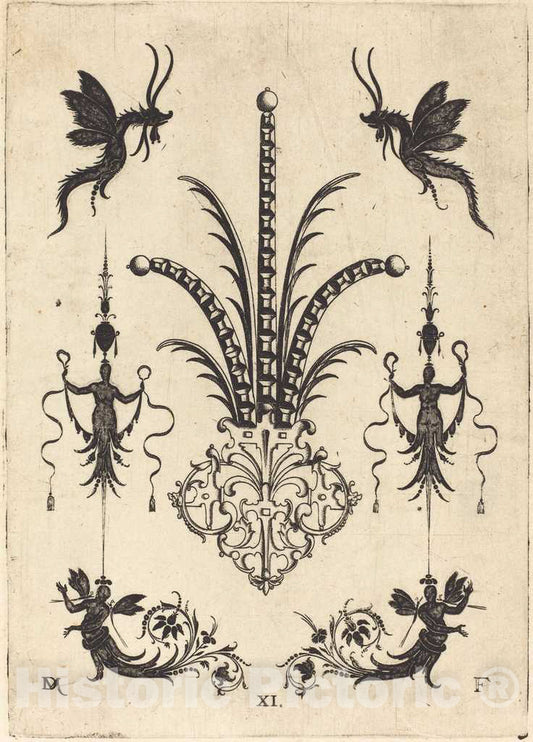 Art Print : Daniel Mignot, Brooch with Table-Stones, Winged Animals at Top, and Winged Human Beings at Bottom, 1596 - Vintage Wall Art