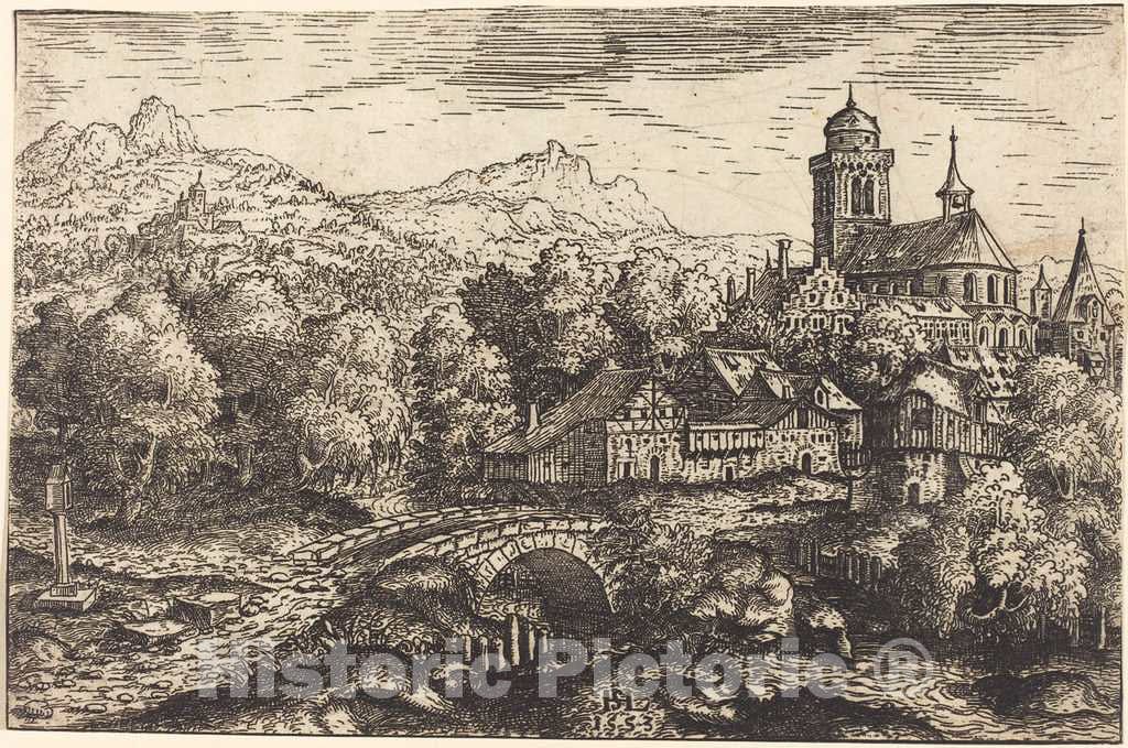 Art Print : Hanns Lautensack, Mountainous Landscape with a Village, 1553 - Vintage Wall Art