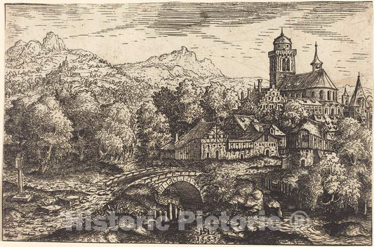 Art Print : Hanns Lautensack, Mountainous Landscape with a Village, 1553 - Vintage Wall Art