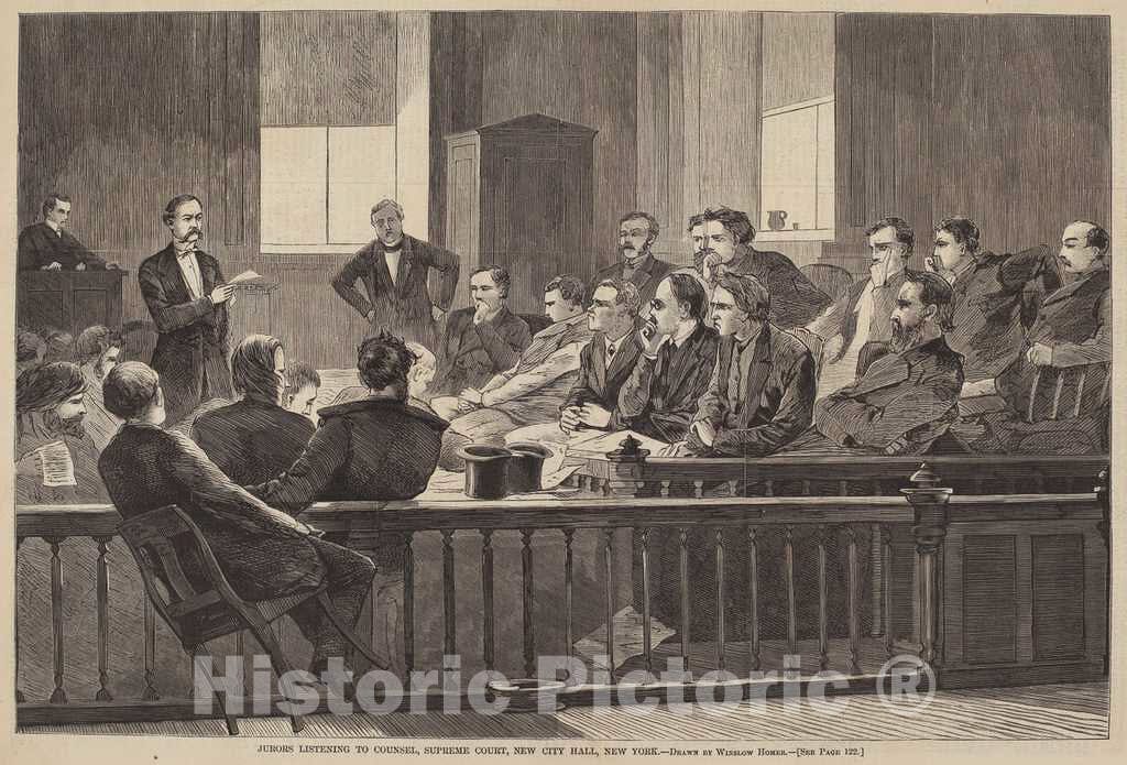 Art Print : Homer, Jurors Listening to Counsel, Supreme Court, New City Hall, New York, 1869 - Vintage Wall Art