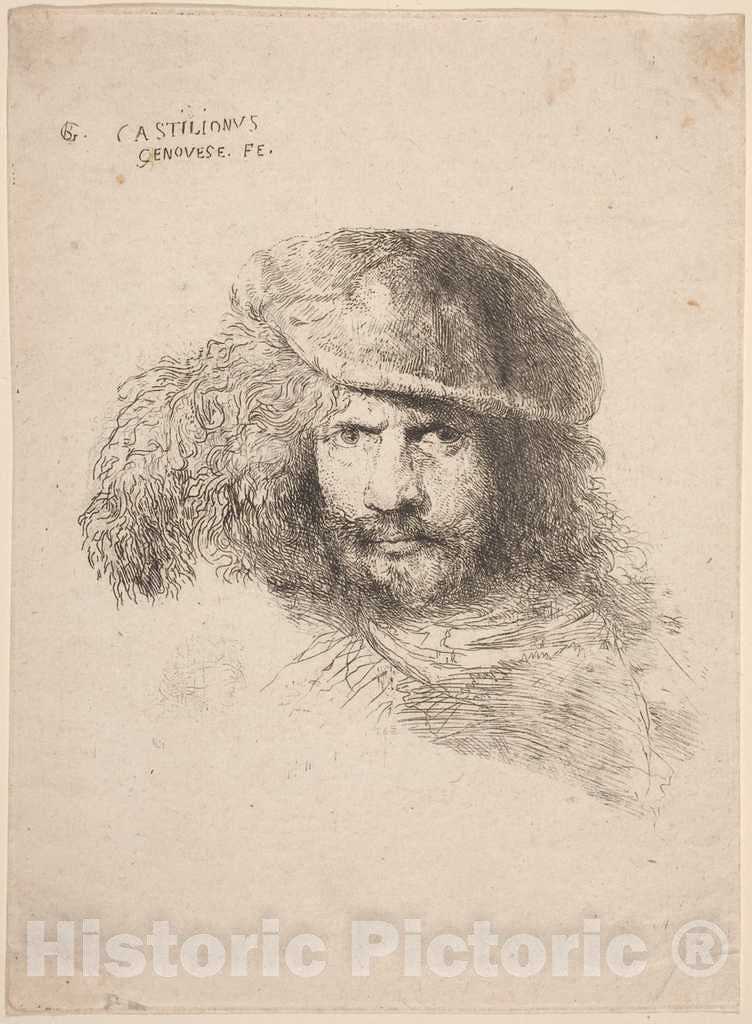 Art Print : Giovanni Benedetto Castiglione, Head of a Young Man in a Feathered Hat (so-Called Self-Portrait), c.1646 - Vintage Wall Art