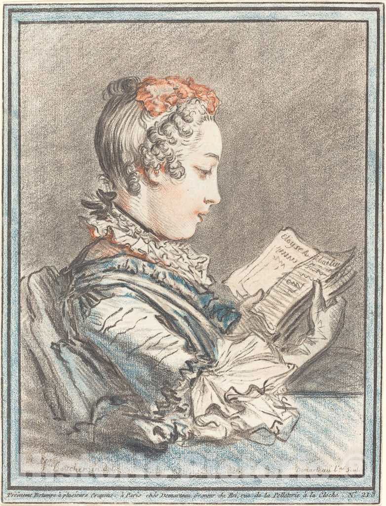 Art Print : Demarteau After Boucher, Young Girl Reading HÃ©loise and AbÃ©lard, 1770 - Vintage Wall Art