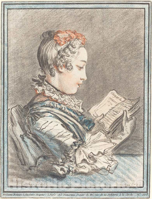 Art Print : Demarteau After Boucher, Young Girl Reading HÃ©loise and AbÃ©lard, 1770 - Vintage Wall Art