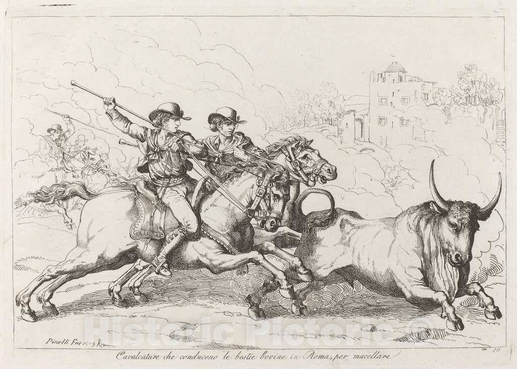 Art Print : Bartolomeo Pinelli, Cavalcature Che conducono le Bestie Bovine in Roma, per macellare (Cattle Driven to The Slaughter in Rome), 1809 - Vintage Wall Art