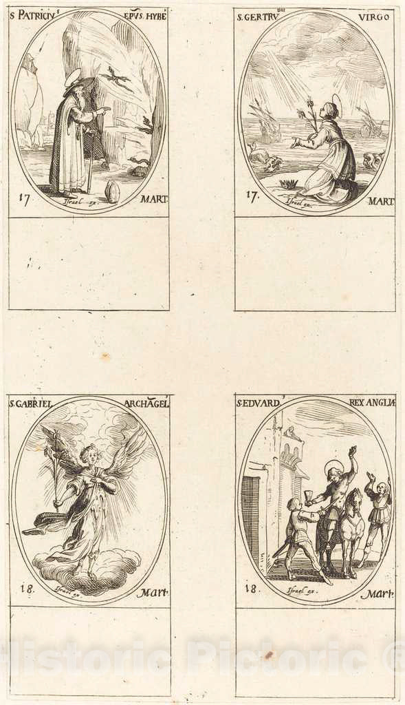 Art Print : Jacques Callot, St. Patrick; St. Gertrude; St. Gabriel, Archangel; St. Edward - Vintage Wall Art