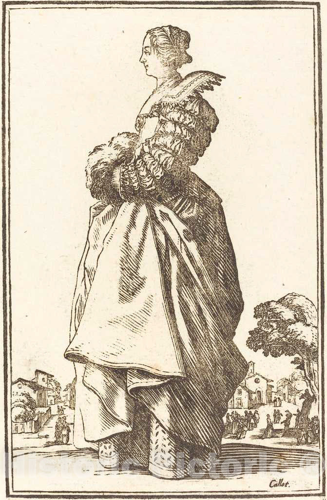 Art Print : Jacques Callot, Noble Woman in Profile with her Hands in a Muff - Vintage Wall Art