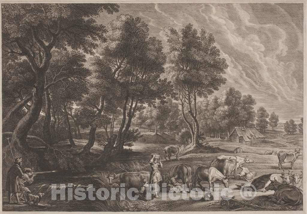 Art Print : Bolswert, After Rubens, Farm Landscape with Hunters and Milkmaids - Vintage Wall Art
