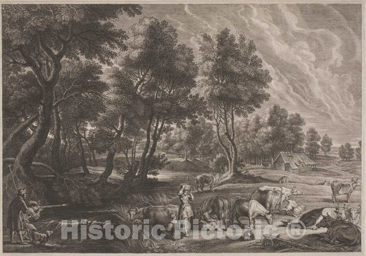 Art Print : Bolswert, After Rubens, Farm Landscape with Hunters and Milkmaids - Vintage Wall Art