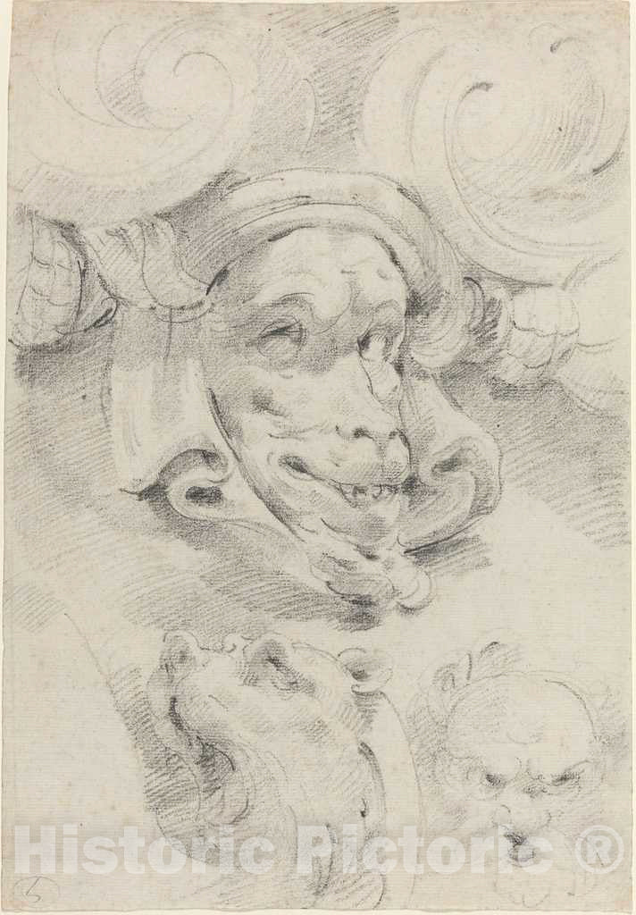 Art Print : Pierre Puget, Ornamental Sketches with Grotesque Masks - Vintage Wall Art