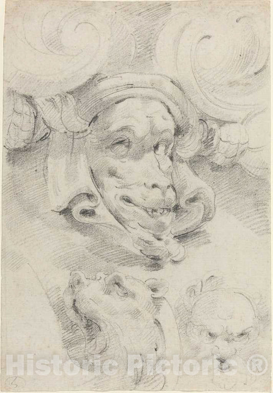 Art Print : Pierre Puget, Ornamental Sketches with Grotesque Masks - Vintage Wall Art
