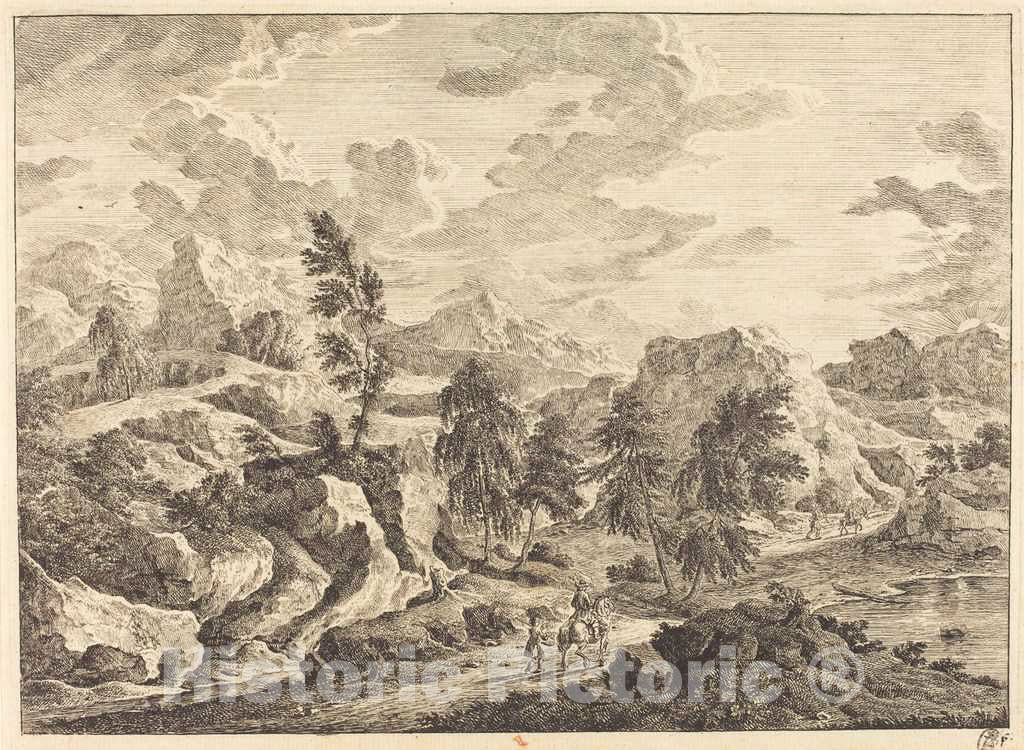 Art Print : Georg Eisenmann, Landscape with The Rising Sun and a Rider with Attendant - Vintage Wall Art
