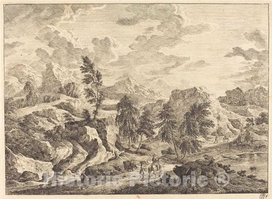 Art Print : Georg Eisenmann, Landscape with The Rising Sun and a Rider with Attendant - Vintage Wall Art