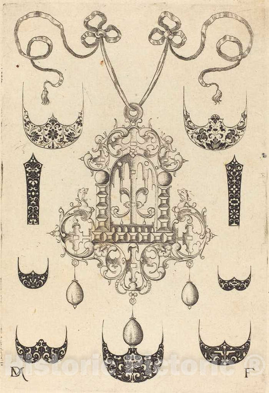 Art Print : Daniel Mignot, Pendant Surrounded by Seven Shields and Two Ornamental Bands, 1593 - Vintage Wall Art
