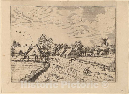 Art Print : Johannes and Lucas Van Doetechum, Country Village with Post Mill, c.1610 - Vintage Wall Art