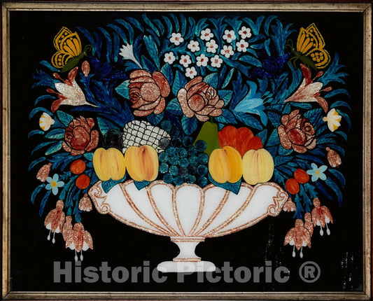 Art Print : Still Life—Flowers and Fruit in White and Pink Bowl : Vintage Wall Art