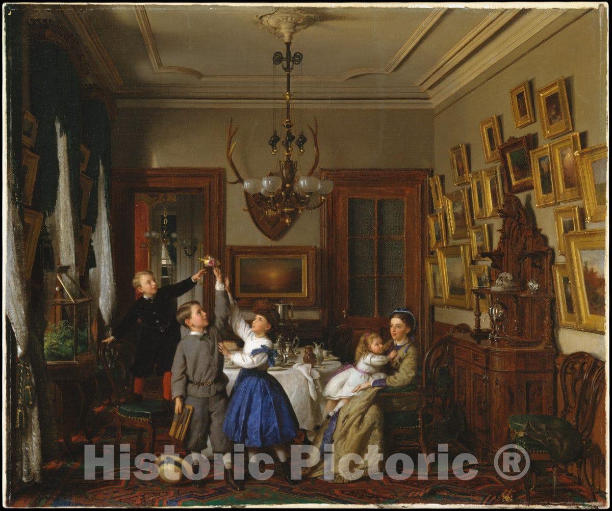 Art Print : Seymour Joseph Guy - The Contest for The Bouquet: The Family of Robert Gordon in Their New York Dining-Room : Vintage Wall Art