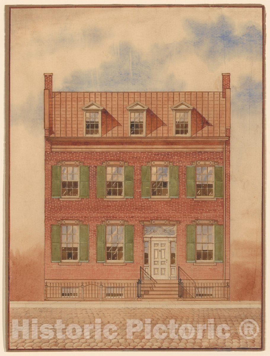 Art Print : Architectural Drawing of an Early Nineteenth-Century Brick House, New York : Vintage Wall Art
