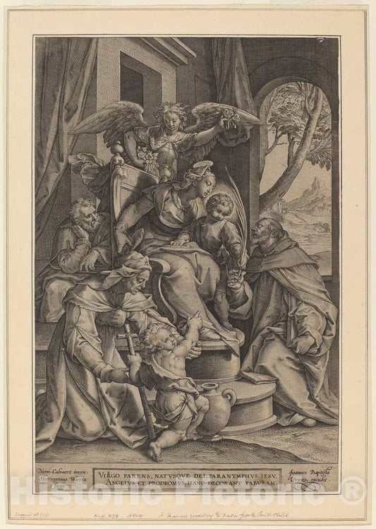 Art Print : Wierix After Calvaert, Saint Francis Receiving The Palm from The Christ Child - Vintage Wall Art