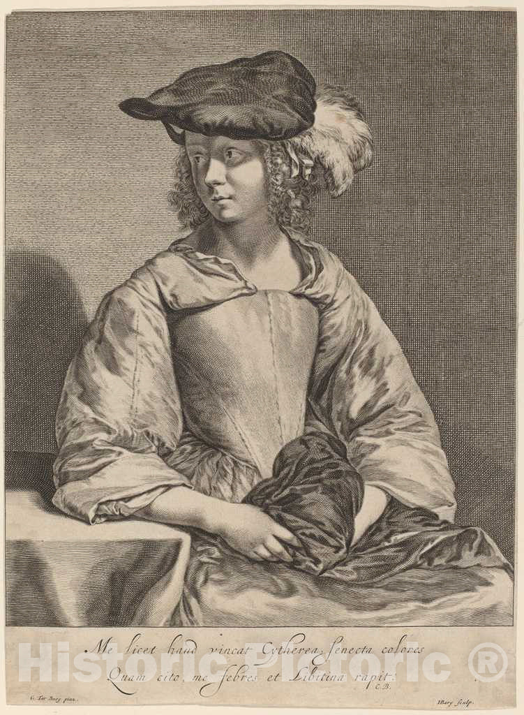 Art Print : Bary After TER Borch The Younger, Girl in a Plumed Hat - Vintage Wall Art