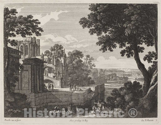 Art Print : Gabriel Perelle, Large Landscape with Ruined Abbey - Vintage Wall Art