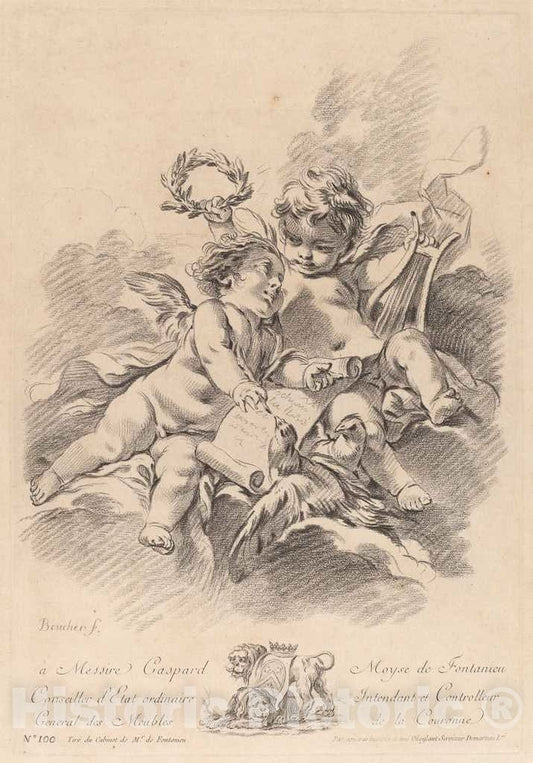 Art Print : Demarteau The Elder After Boucher, Allegory of Music with Two Cherubs and Doves (100) - Vintage Wall Art