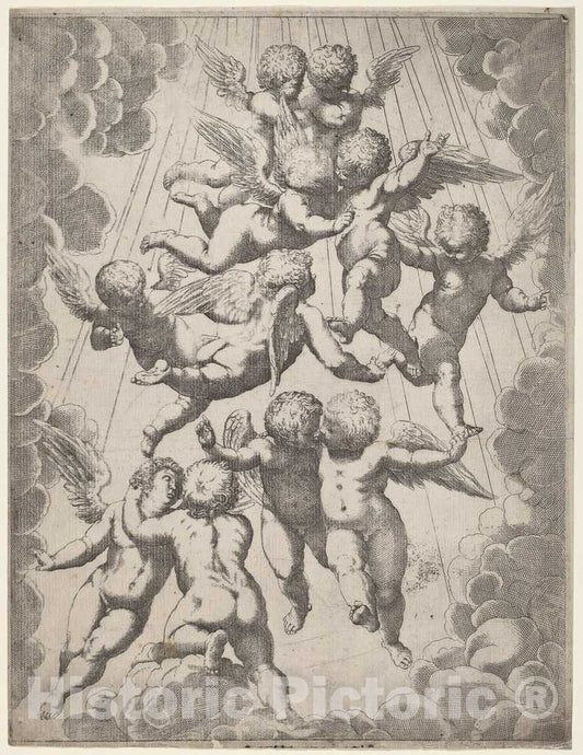 Art Print : Reni, After Cambiaso, A Group of Angels in Glory, 1607 - Vintage Wall Art