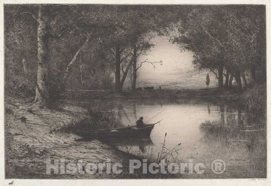 Art Print : Adolphe Appian, A Fisherman in a Wooded Pond at Evening, 1887 - Vintage Wall Art
