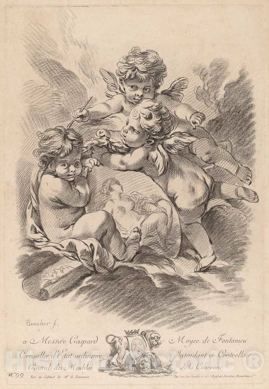 Art Print : Demarteau The Elder After Boucher, Allegory of Painting with Three Cherubs (99) - Vintage Wall Art