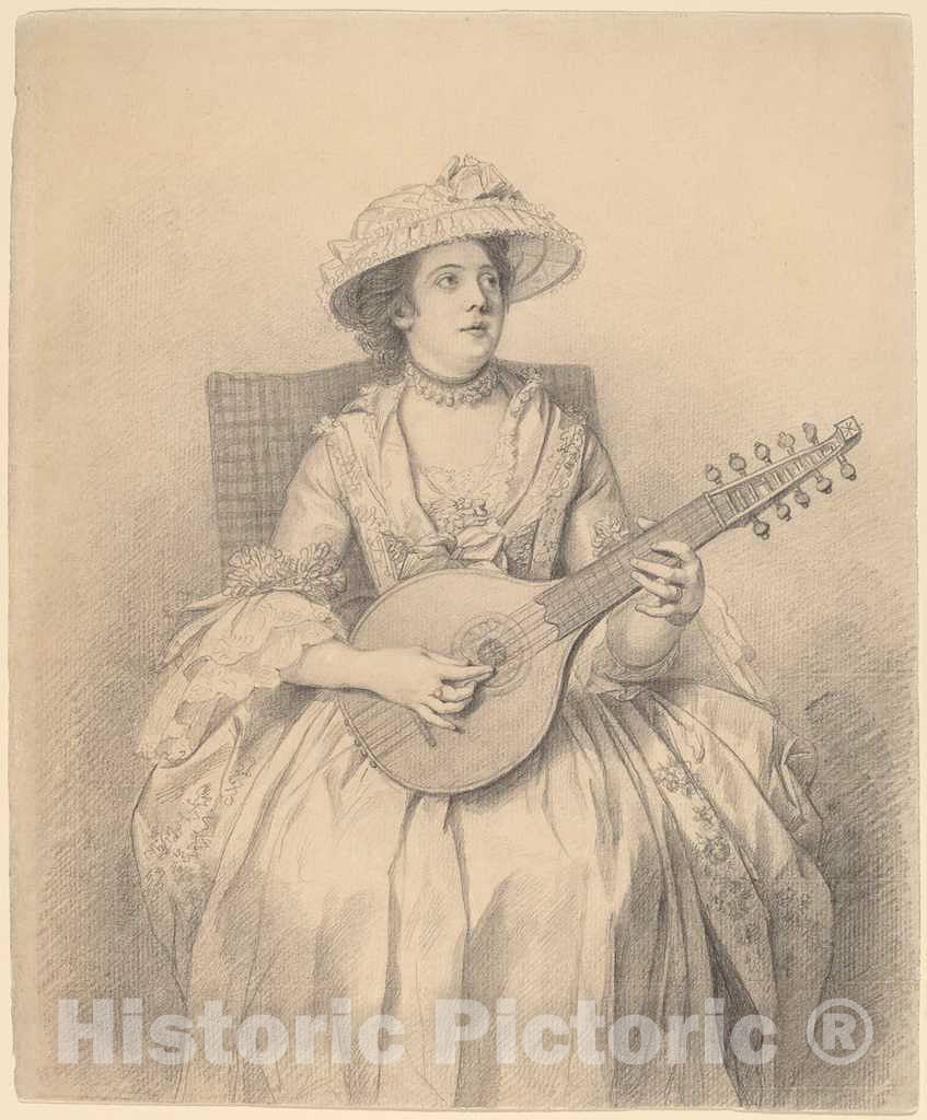 Art Print : Nathaniel Dance-Holland, an Elegant Lady Playing a Cittern, c. 1770 - Vintage Wall Art
