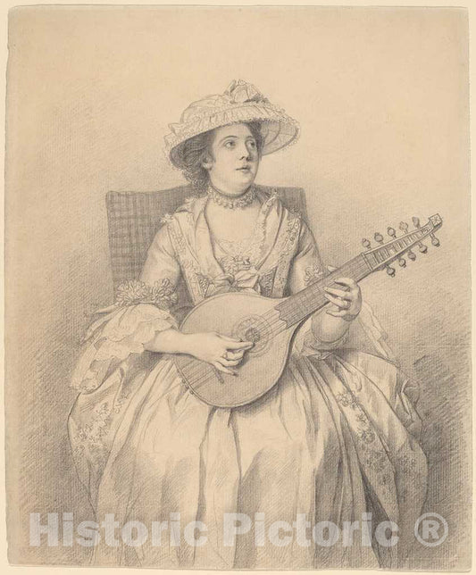 Art Print : Nathaniel Dance-Holland, an Elegant Lady Playing a Cittern, c. 1770 - Vintage Wall Art