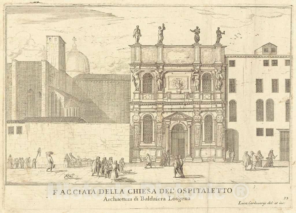 Art Print : Luca Carlevariis, Facciata Della Chiesa del'Ospitaletto (Plate 33), 1703 - Vintage Wall Art