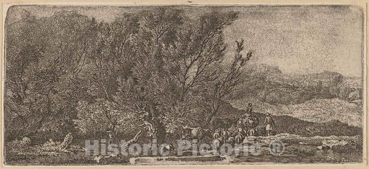 Art Print : Kobell, Shepherds with Their Herd Fording a Stream, 1771 - Vintage Wall Art
