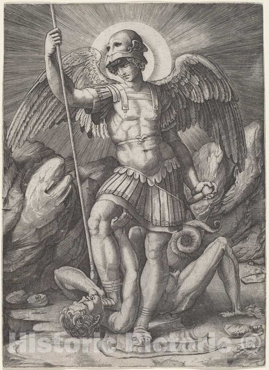 Art Print : Dente After Raphael, Saint Michael, c. 1520 - Vintage Wall Art