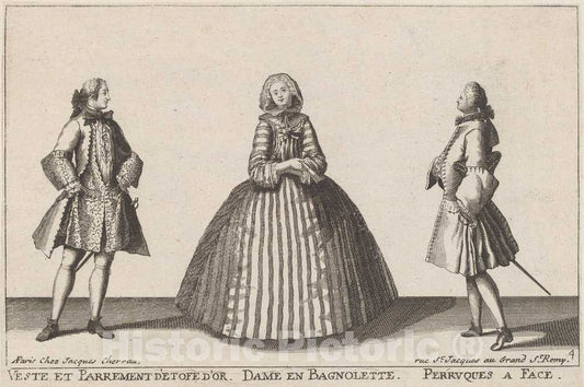 Art Print : published by Jacques ChÃ©reau, Veste et Parrement d'Etofe d'Or/Dame en Bagnolette/Perruques Ã  Face, 1720s(?) - Vintage Wall Art