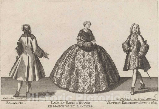 Art Print : published by Jacques ChÃ©reau, Redingote/Dame en Habit d'Hyver en Manchon/Veste et Parrement d'Etofe d'Or, 1720s(?) - Vintage Wall Art